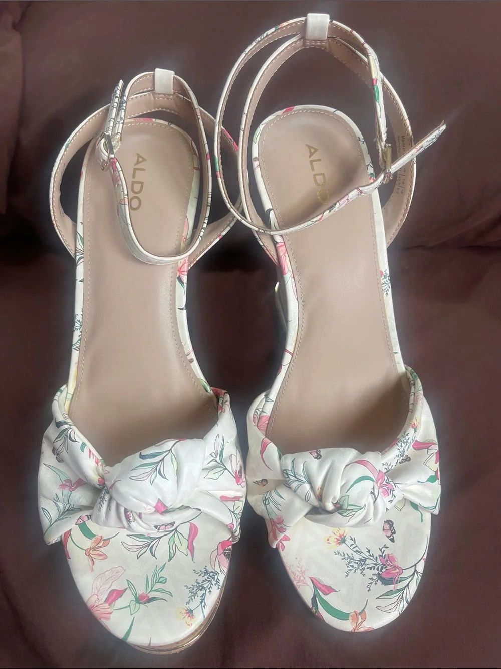 ALDO White Floral Knot Espadrille Wedge Sandals with Pink & Green Accents